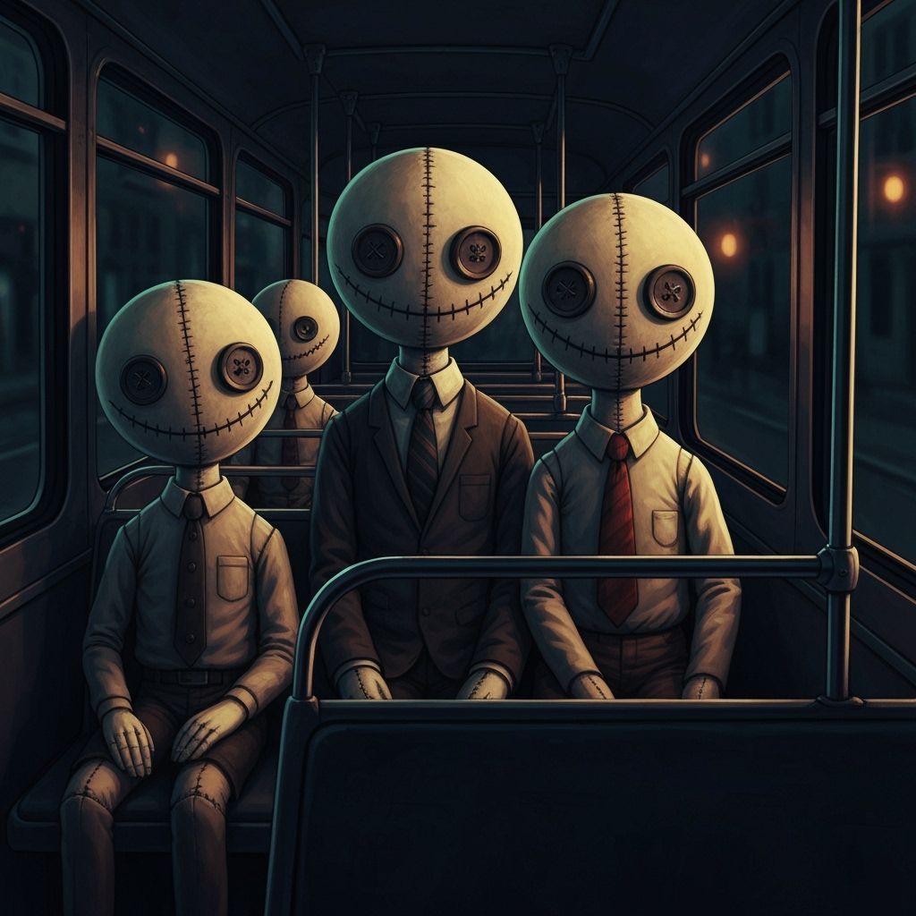 Human size rag dolls with button eyes and sneaky grins on the bus. deep color film noir flickering light dark academia
