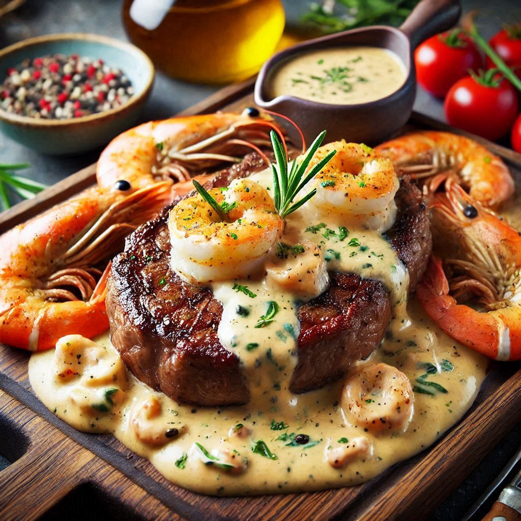 Steak with creamy Cajun shrimp sauce