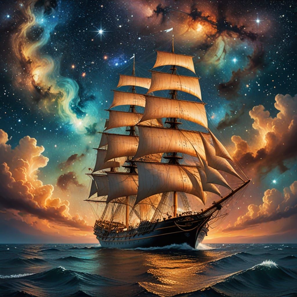 Photograph.Wide shot.A majestic sailing ship navigating a calm sea under a sky ablaze with a thousand stars and visible nebulae. The ship's ...