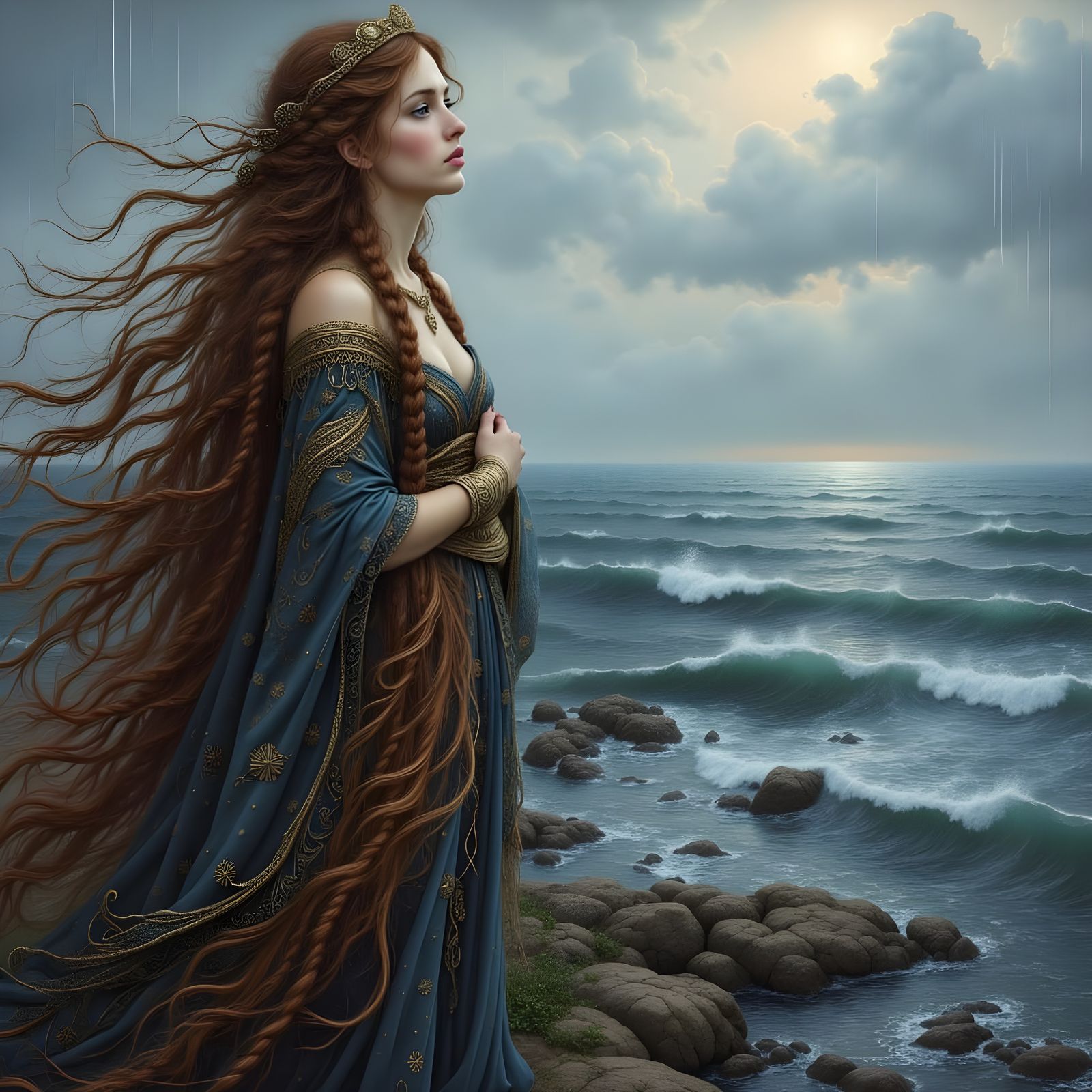 Celtic Beauty on a Rocky Shore, Pre-Raphaelite Painting