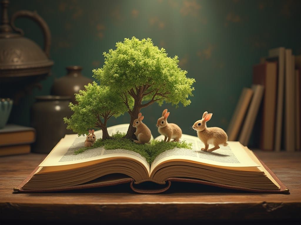 An encyclopedia book open on a desk.  In the style of a pop-up book, there are three trees, and three ...  by @Maids Are Life Maids are Justice