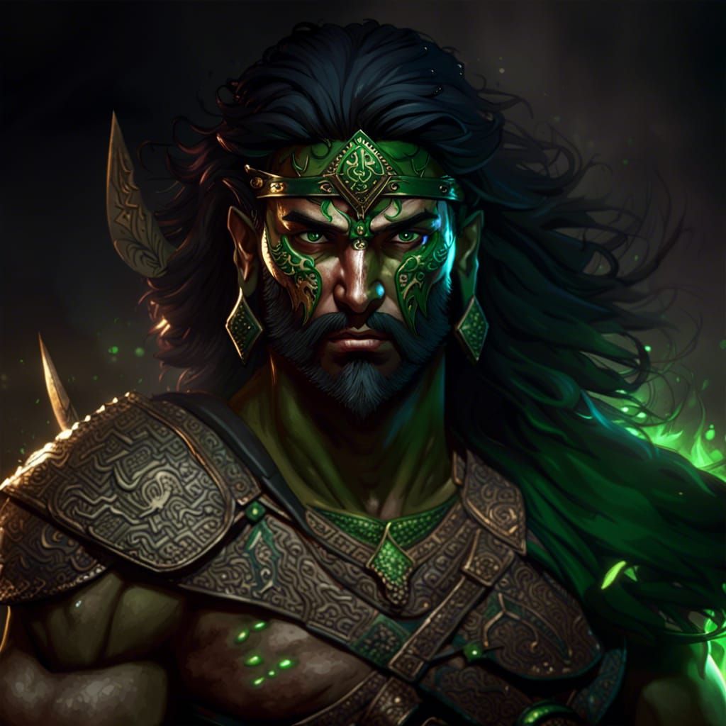 strong persian warrior with burn scars with green eyes comic art ...