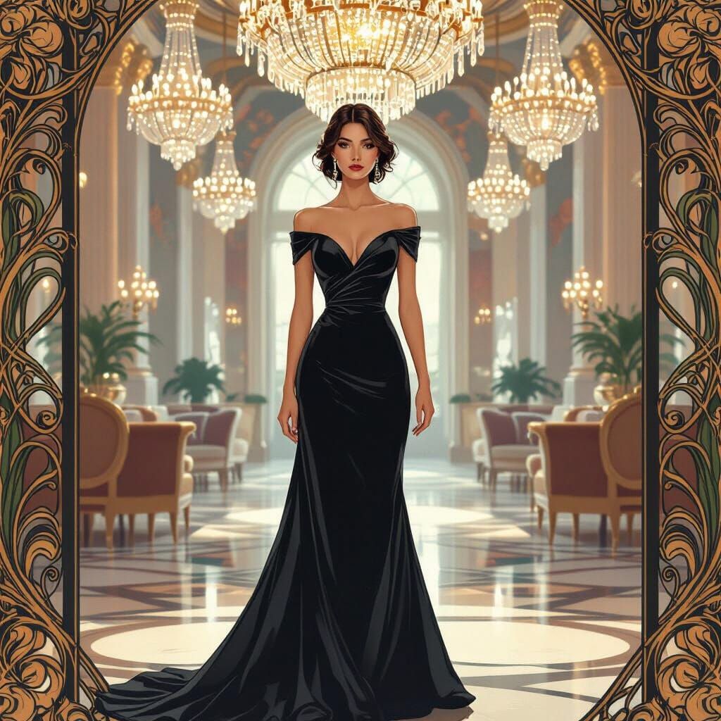 Elegant Woman in Ballroom, Art Nouveau Style