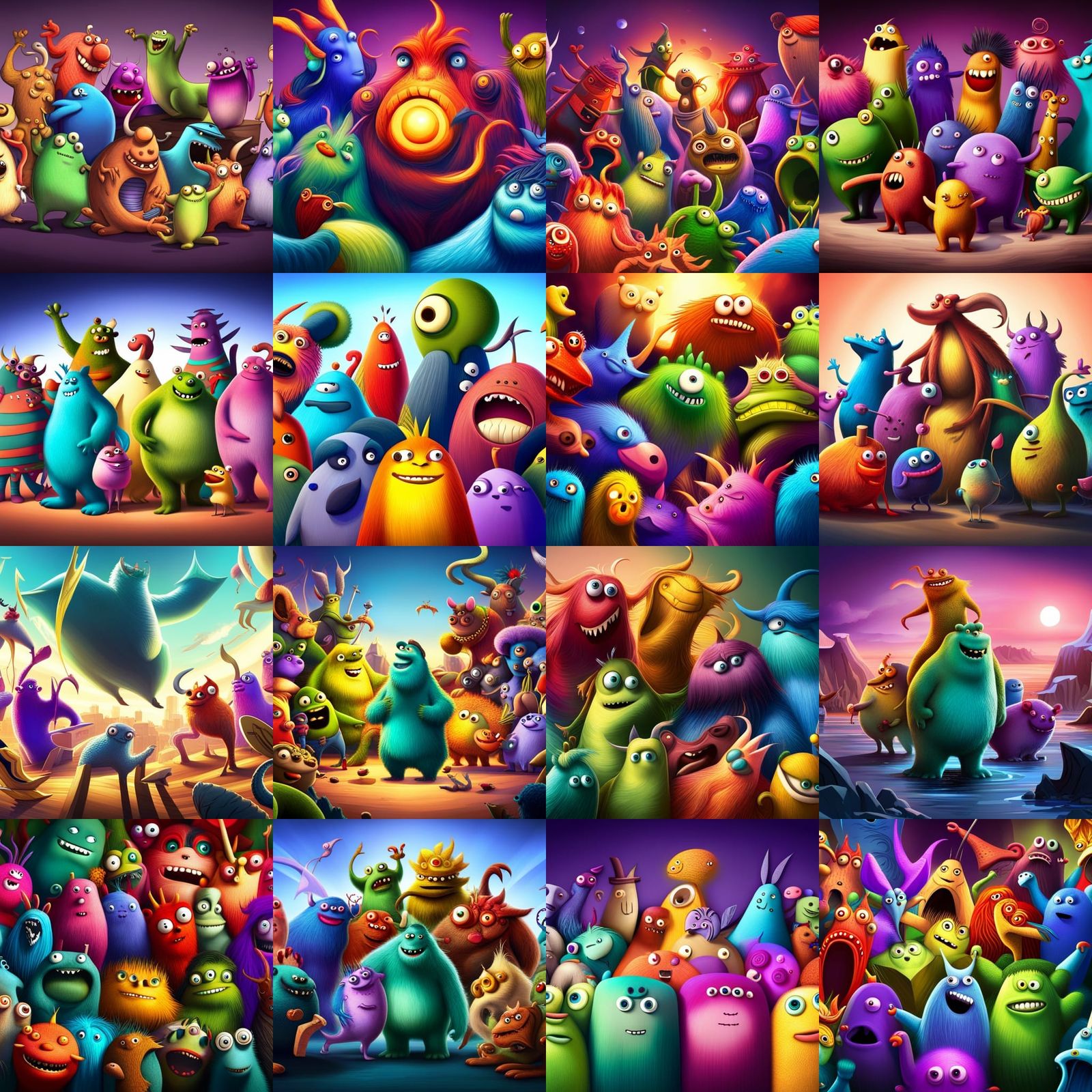 Creature creation, many monsters, colorful, funny, disney an...