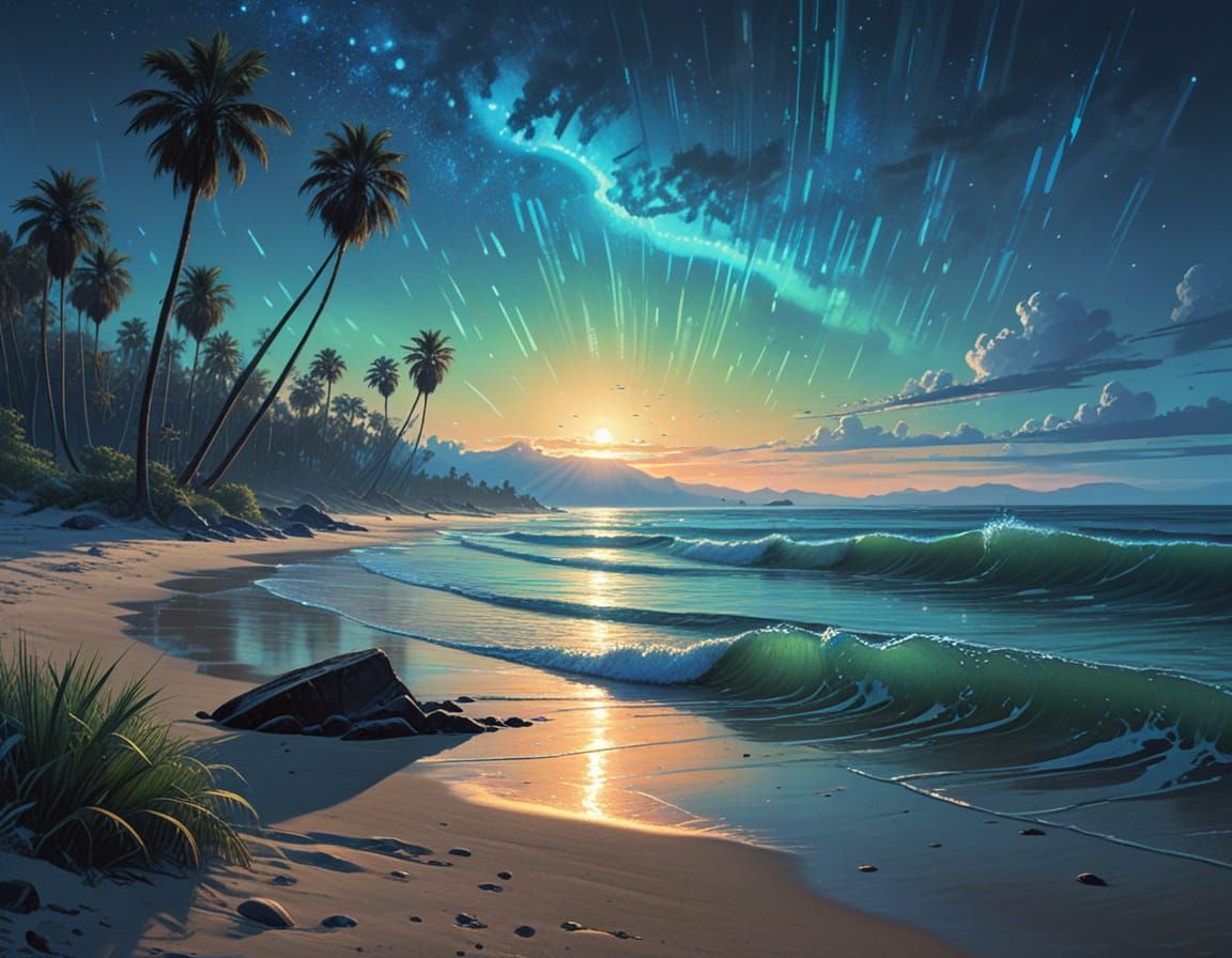 Whimsical ocean landscape at sunset, serene beach with palm trees, bioluminescent waves in soft blue, ...  by @ YOLIE