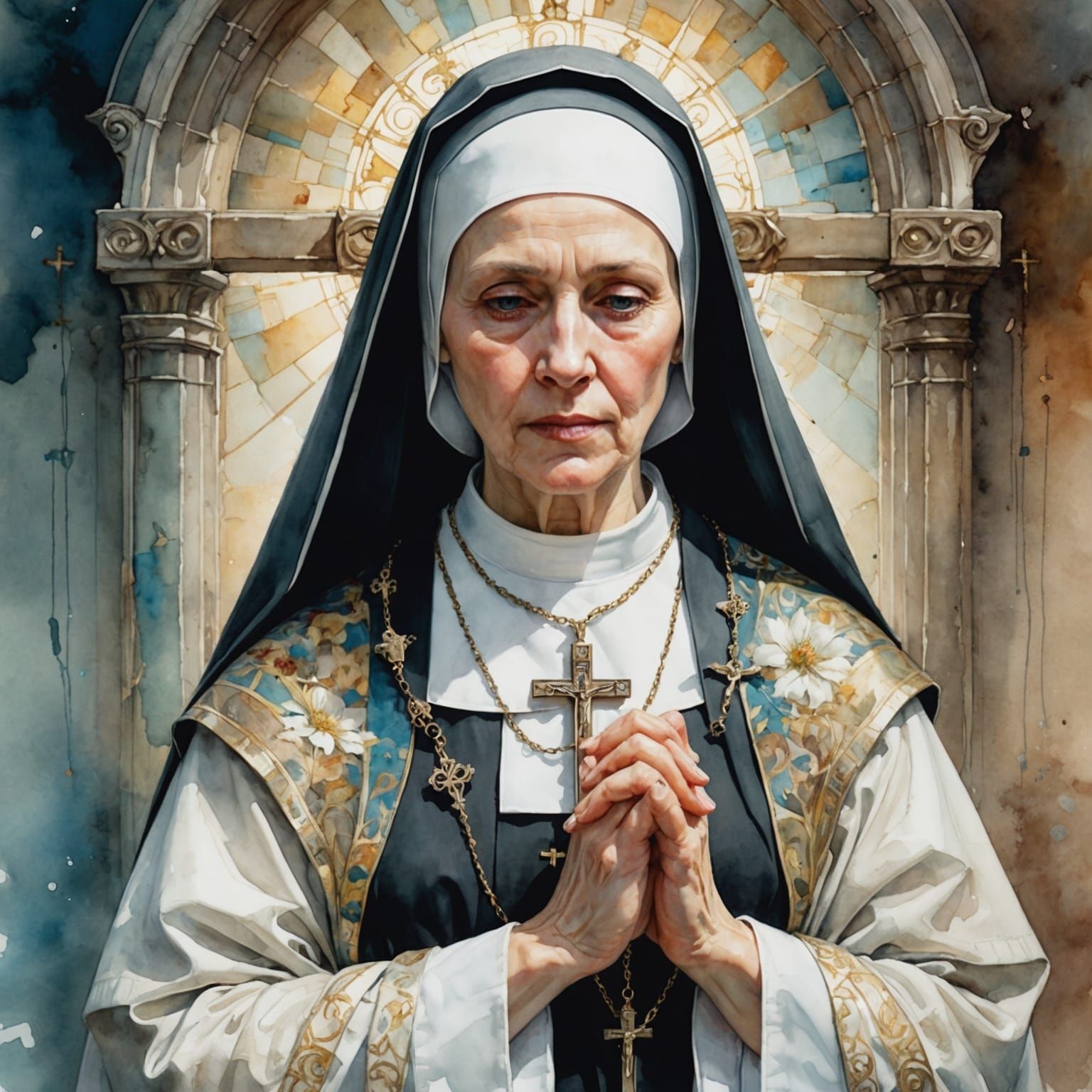 Digital watercolor Illustration of a beautiful Catholic nun ...