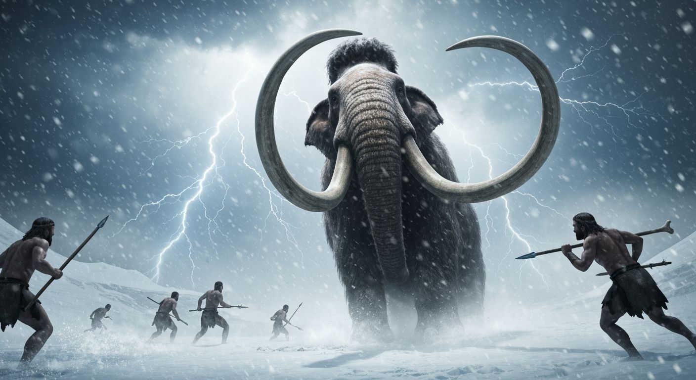 Epic and dramatic masterpiece of a scared giant wool mammoth trapped in the Blizzard and attacked by ...  by @Eclectic shambles
