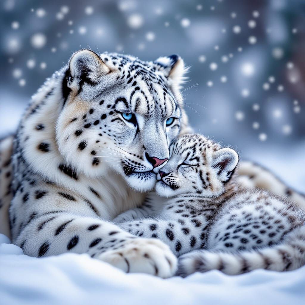a hyper-realistic mother snow leopard laying beside her cub to keep it warm. There are soft snowflakes falling around them.