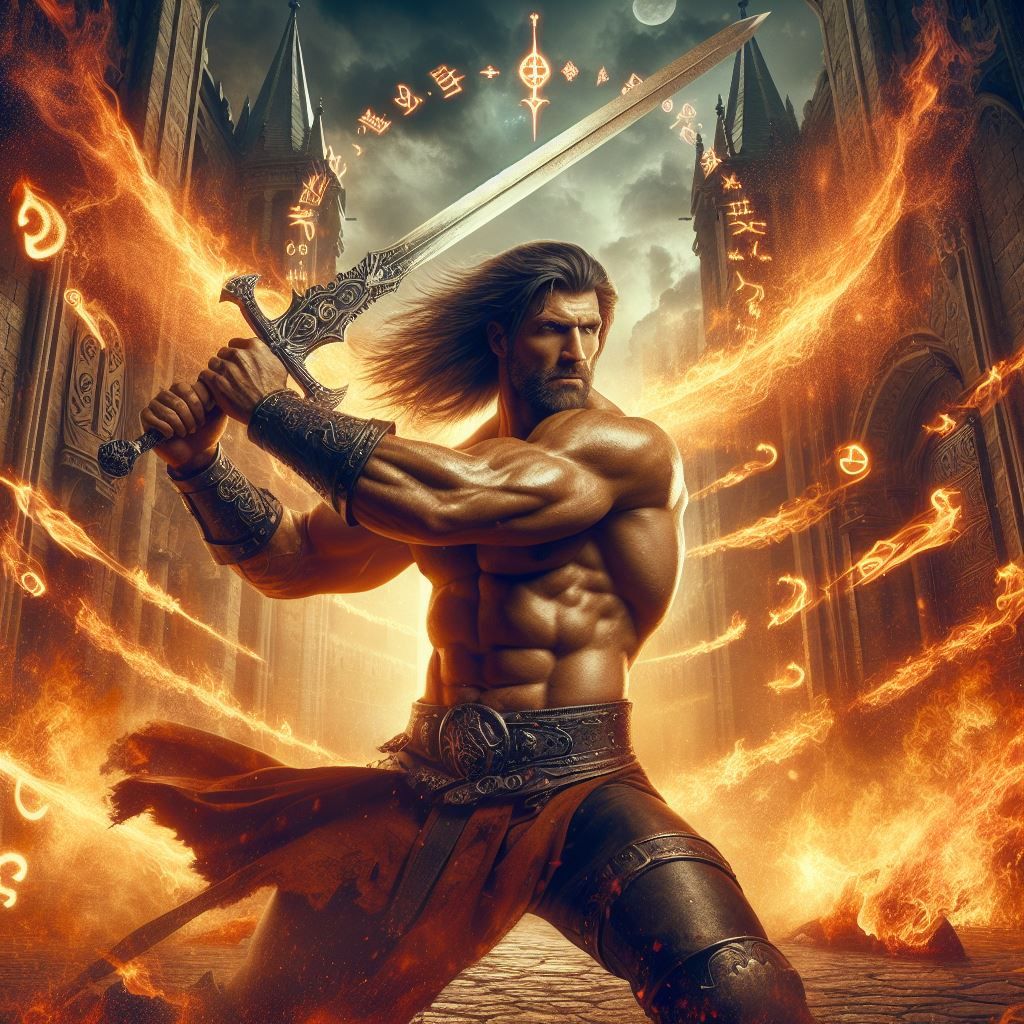 Heroic Fantasy warrior in fire tornado