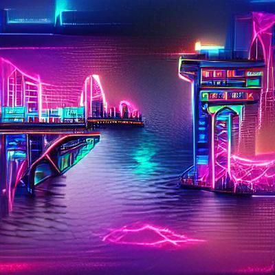 neon city with a lake and bridge