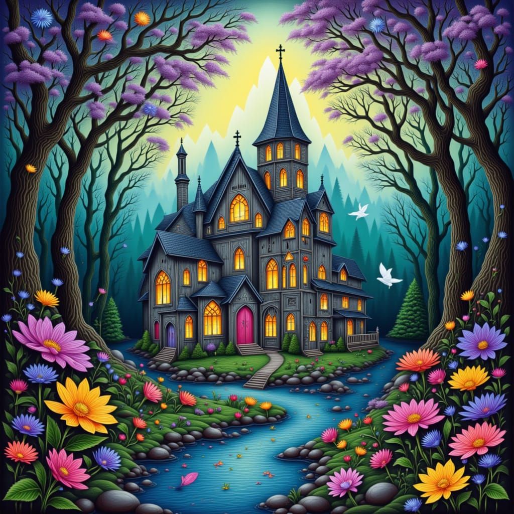 <lora:Faenyx:1.0> A quaint village scene rendered in a charming folk art style, featuring a central, brightly colored cathedral adorned with...