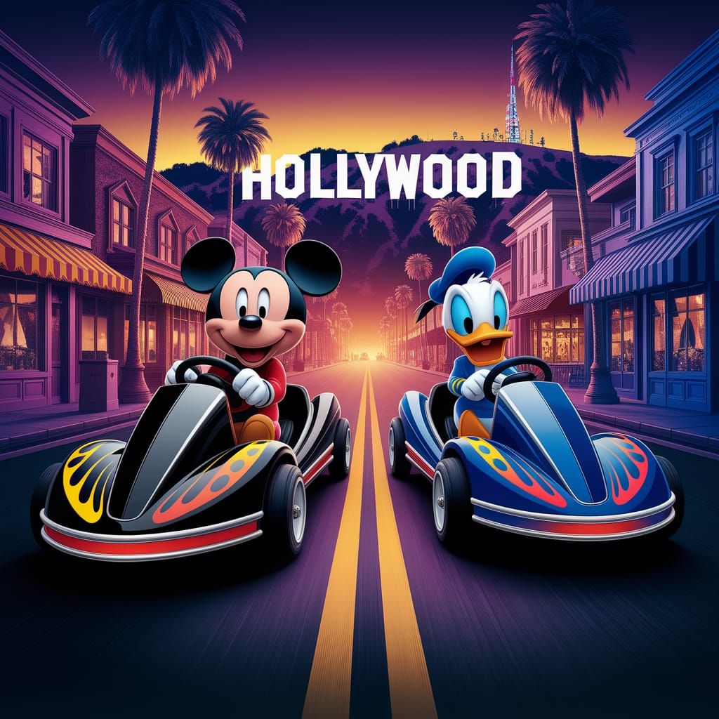 Surreal Dark Fantasy Mickey Mouse Cruises Hollywood in Retro...