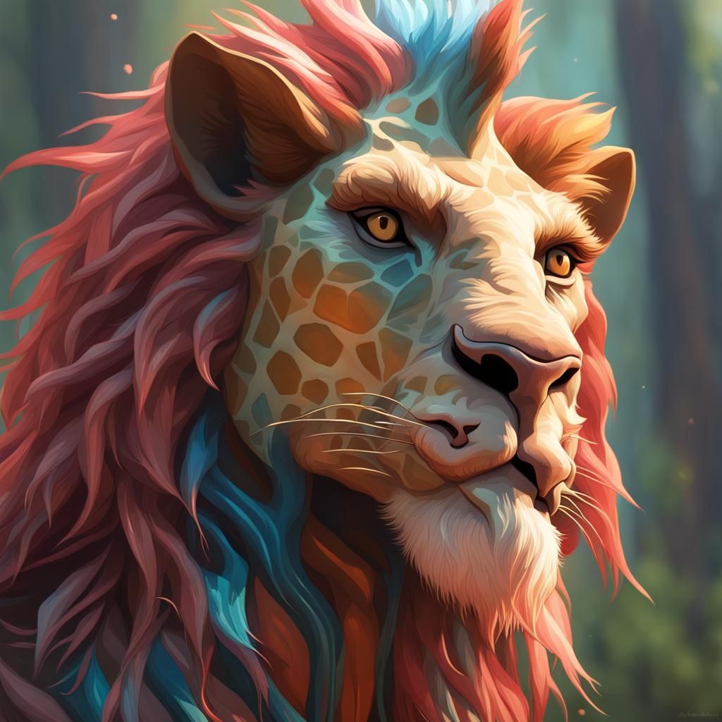 anthropomorphic Lion/Giraffe. Majestic Creature head and shoulders portrait, 8k resolution ...