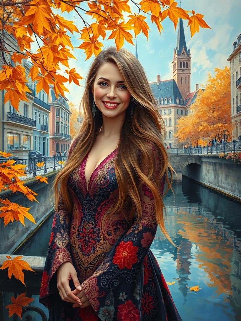 Elegant Woman Beside Autumnal European Canal in Oil Painting...