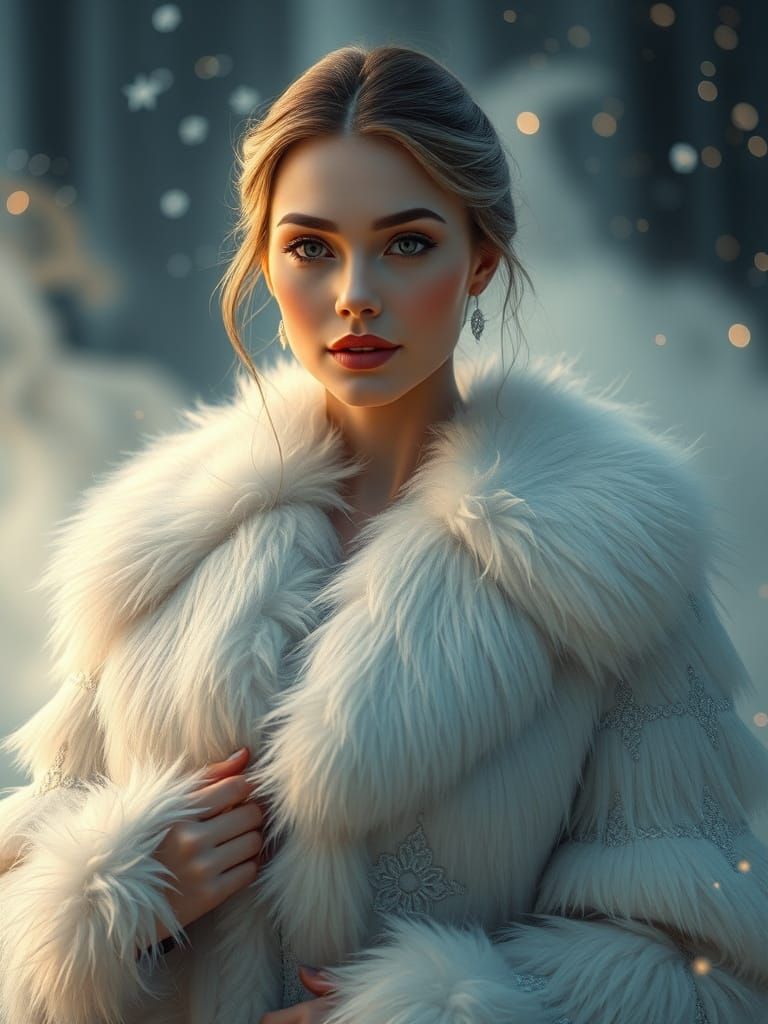 Elegant Woman in Snow-White Fur Coat, Mystical Fantasy Setti...