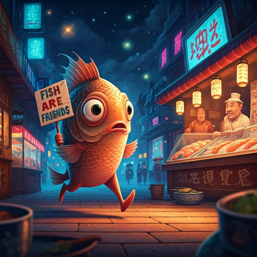 A concerned Charlie searches the fish market for his missing...