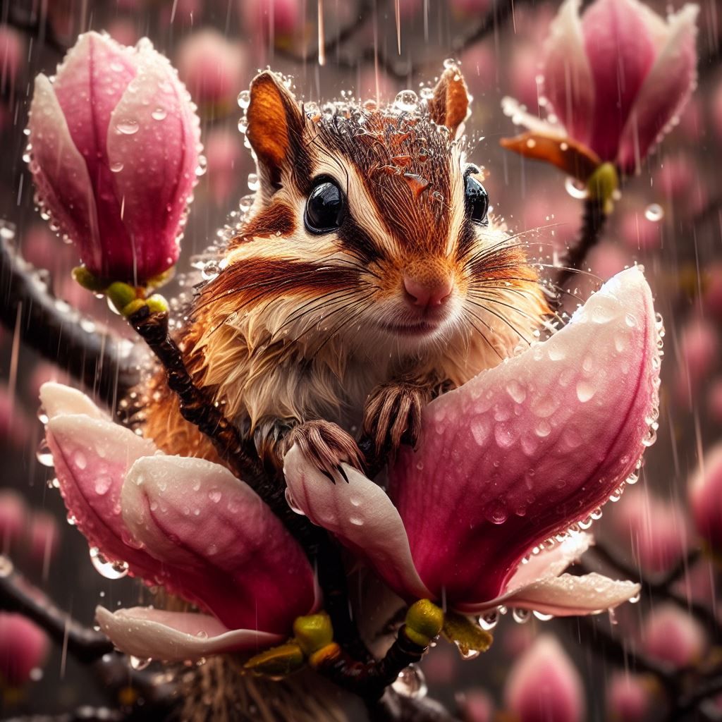 Wet Chipmunk in a Magnolia tree