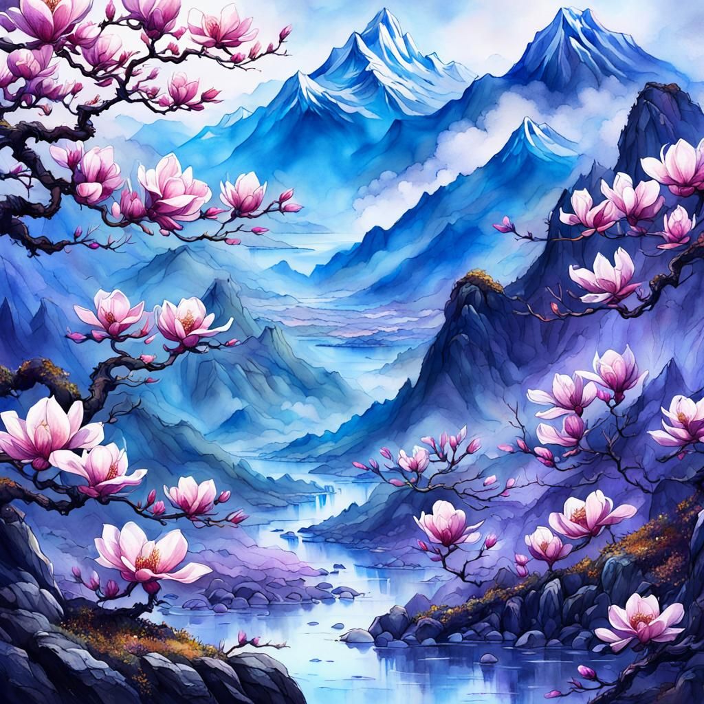Ink Painting of Magnolia Blossoms in Mountains