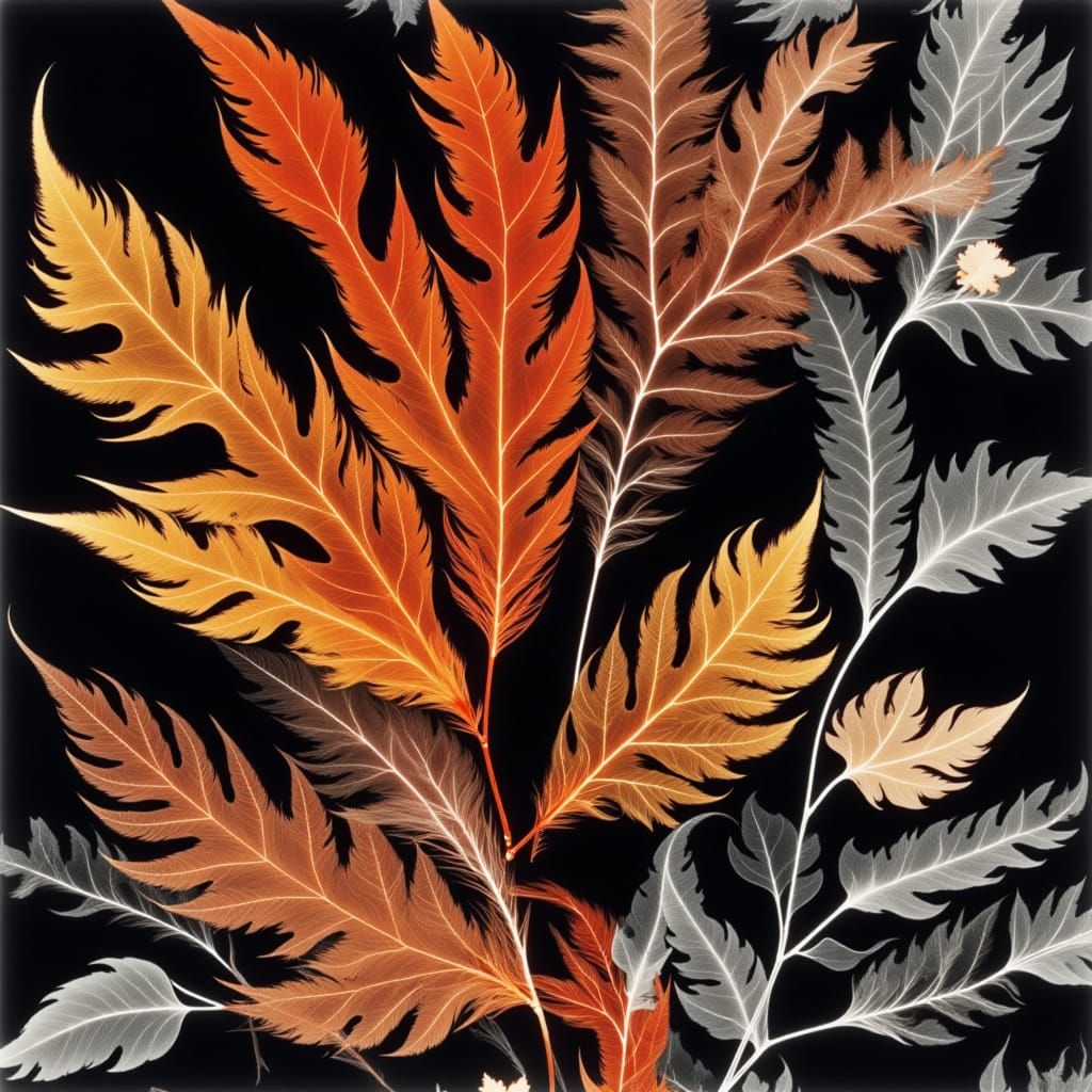 <lora:Autumn Graphic:1.0> Rayograph Photogram bright leaves of autumn