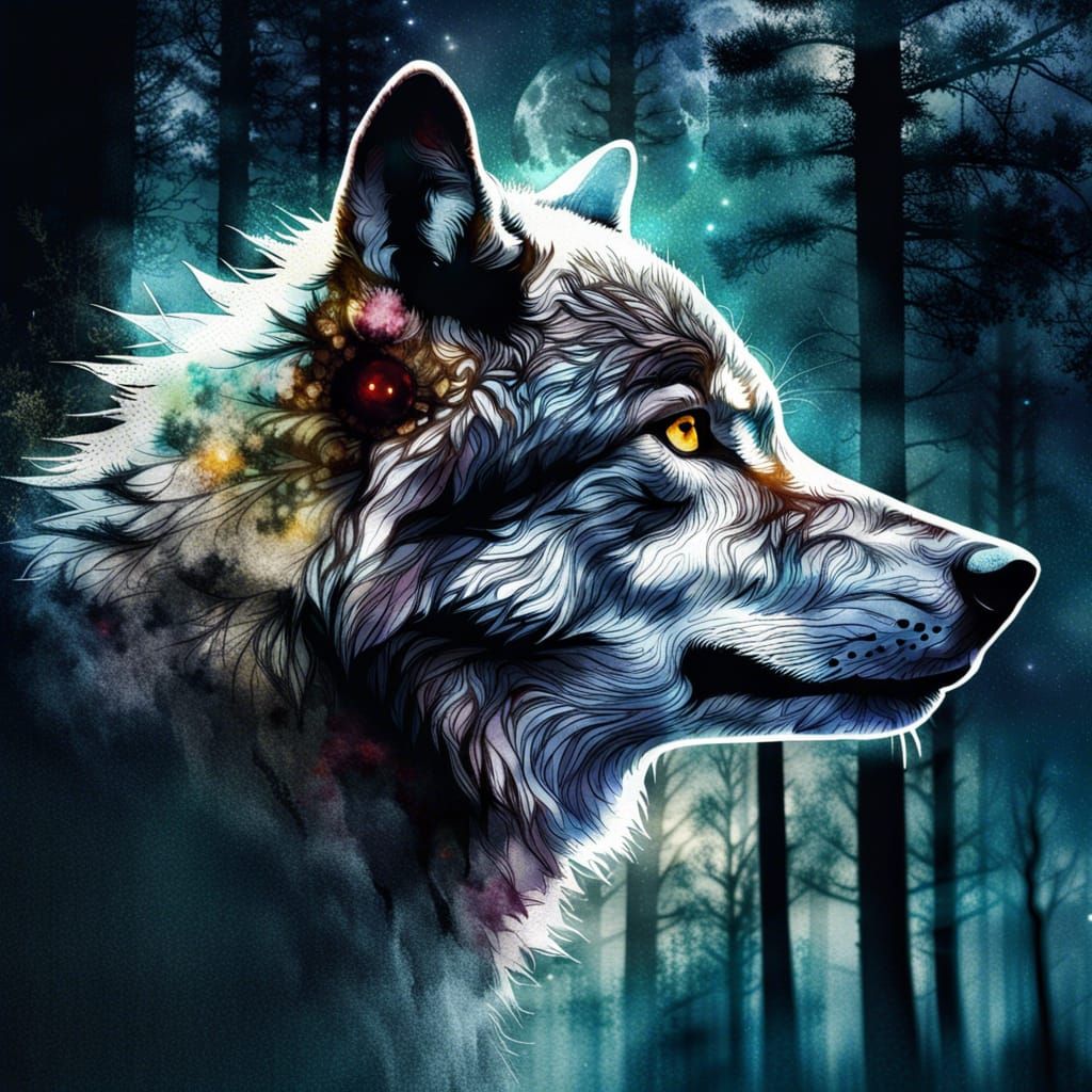 wolf in dark forest  by @Beatrice