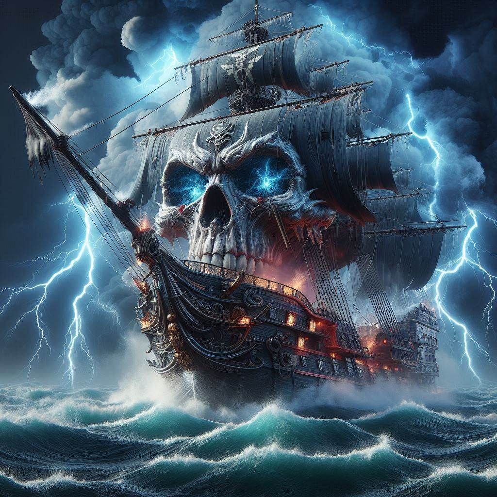 The pirate ship, stormy seas & lightning
