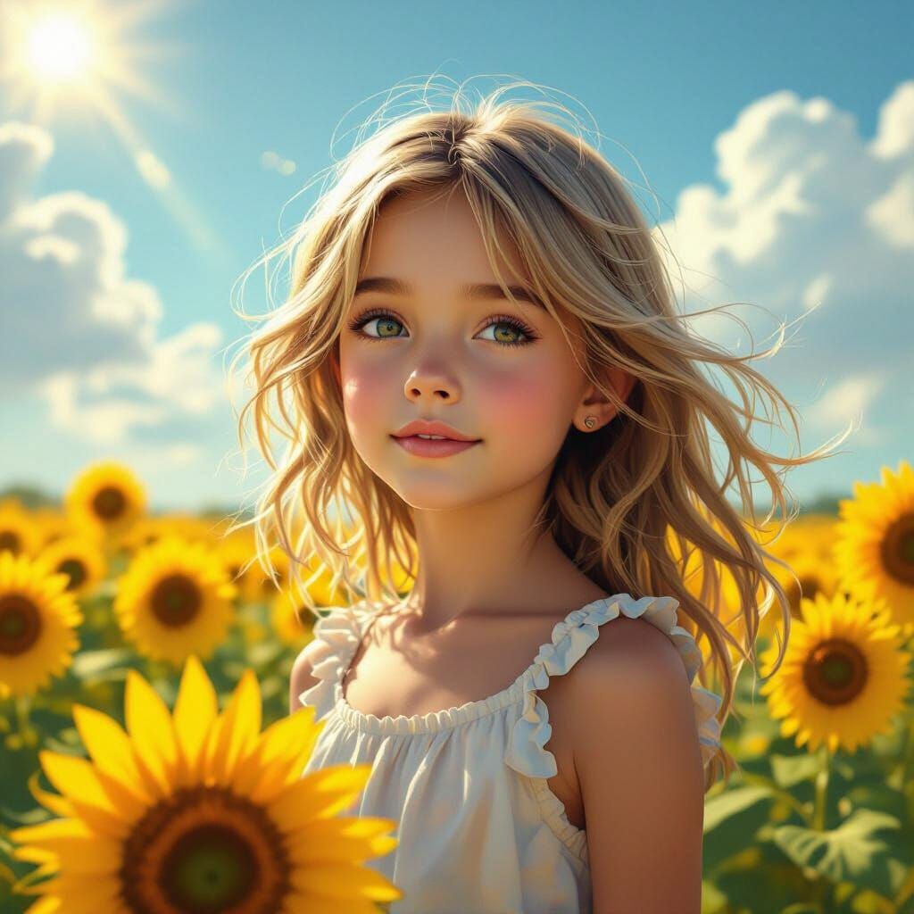 A girl and a sunflower set in a field with bright sunshine 