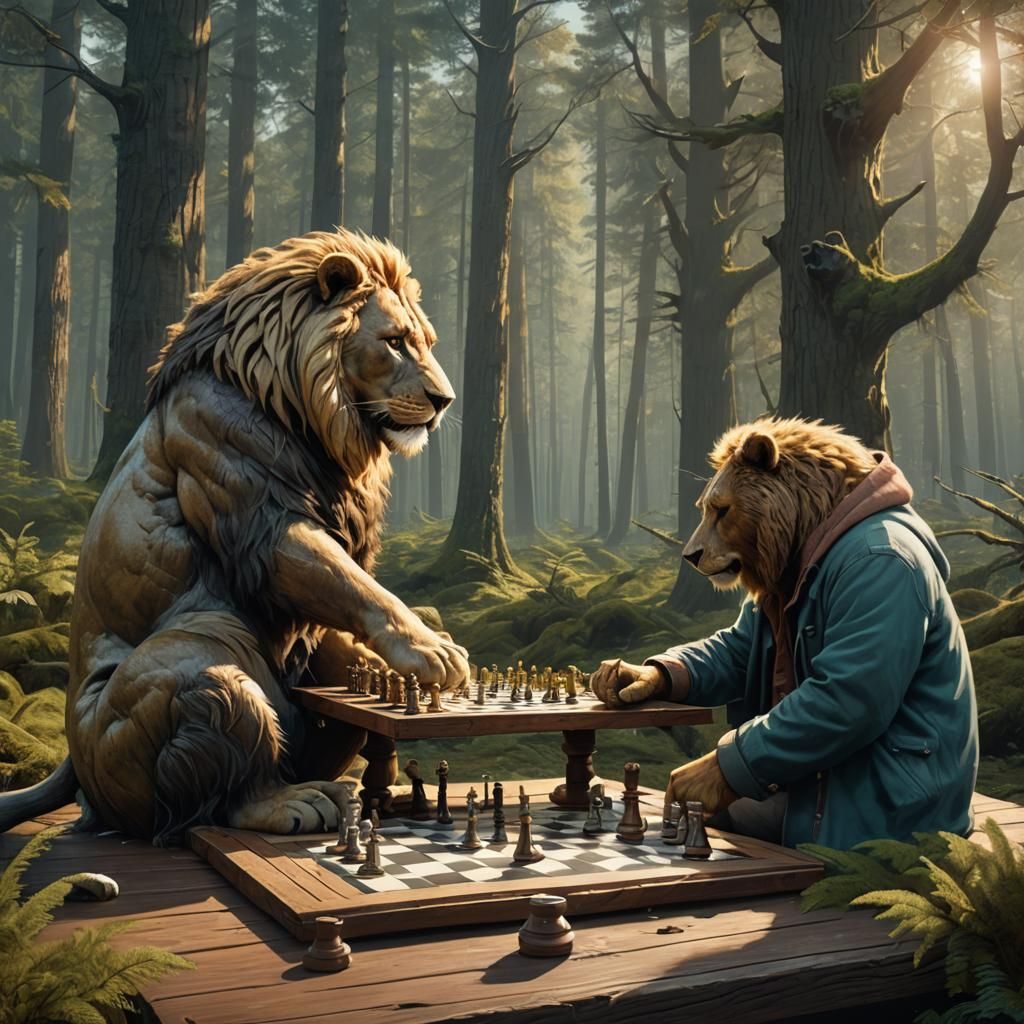 Lion and Bear Chess Game in Mystical Forest