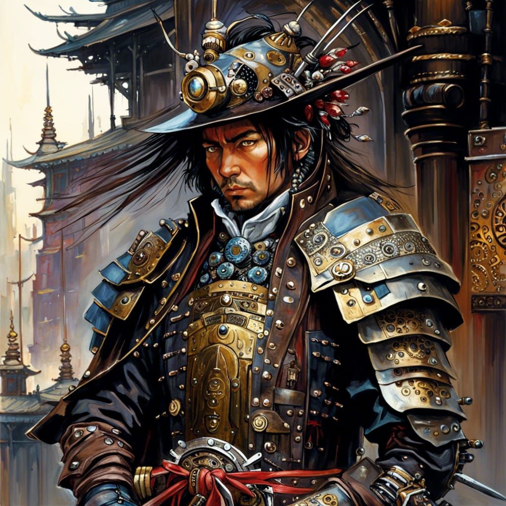 Steampunk Samurai in Cyberpunk Cityscape