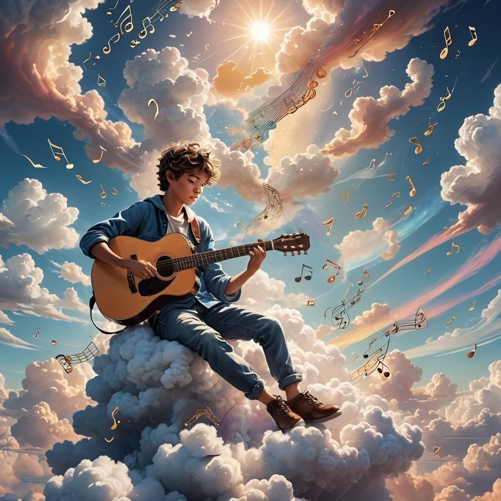 Boy with Guitar on Cloud in Sky