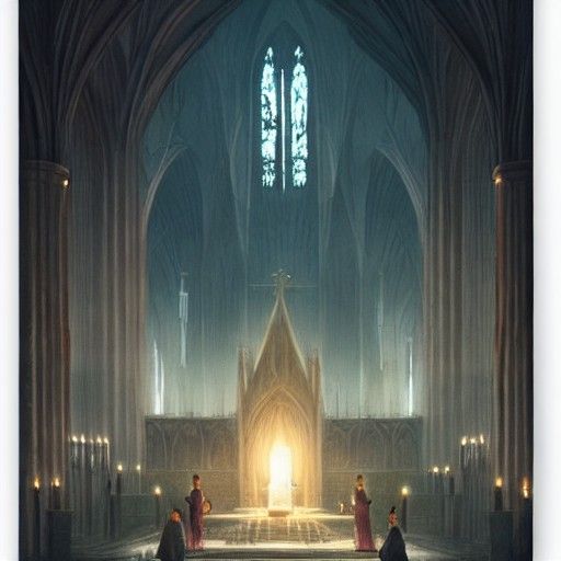 Priest praying at an altar in a candle light cathedral