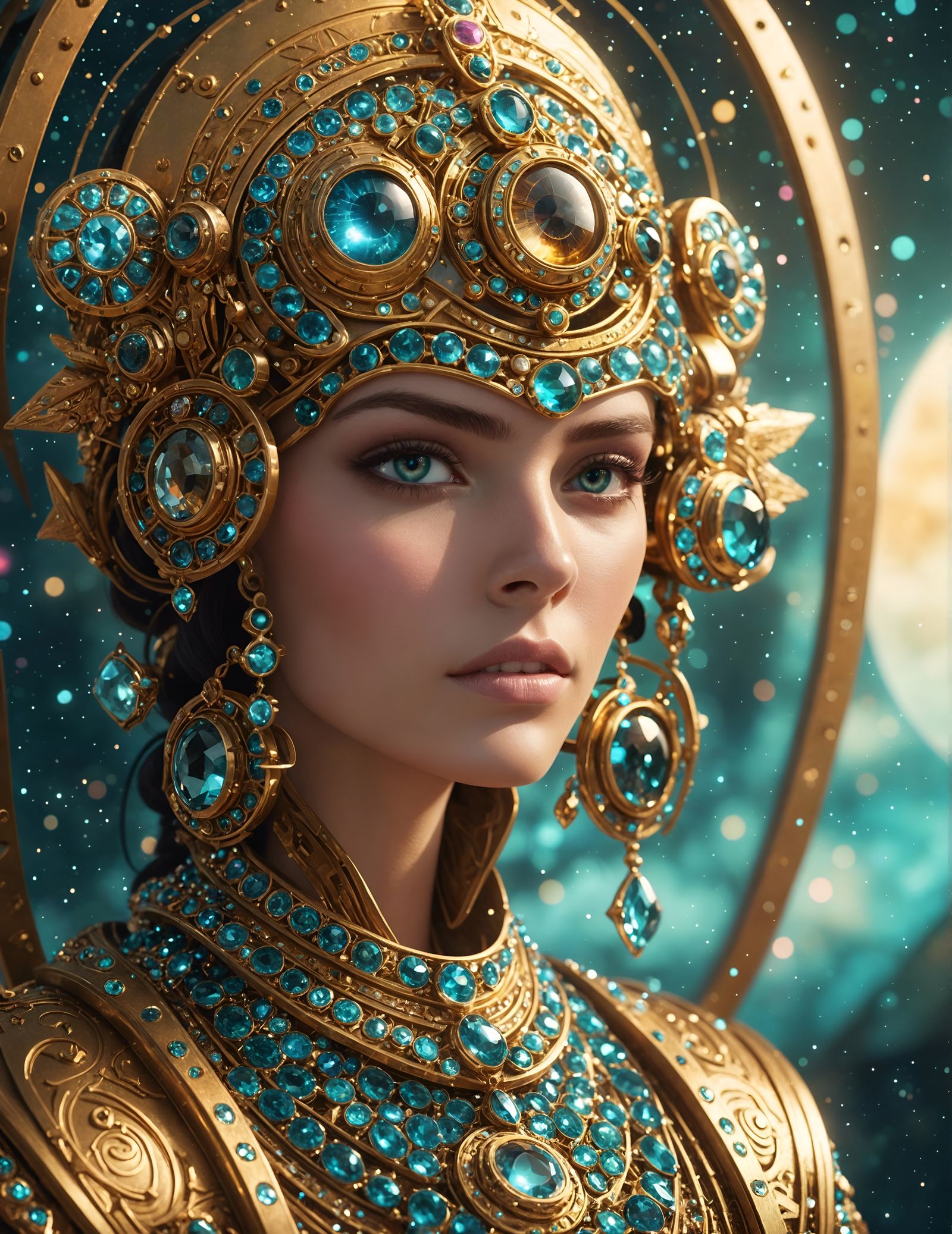 bejeweled galactic oasis, beautiful eye, futuristic, celestialpunk, photorealistic, dreamlike, atmospheric