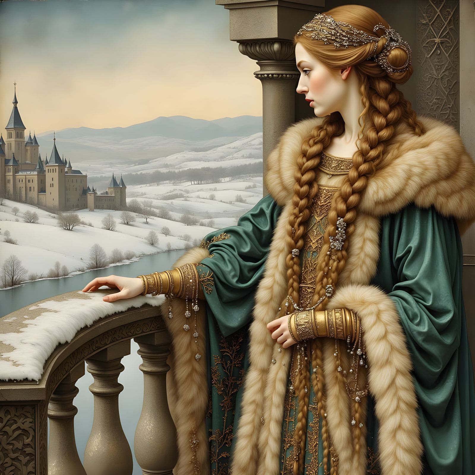 Medieval Beauty Gazing at Snowy Landscape, Pre-Raphaelite Style