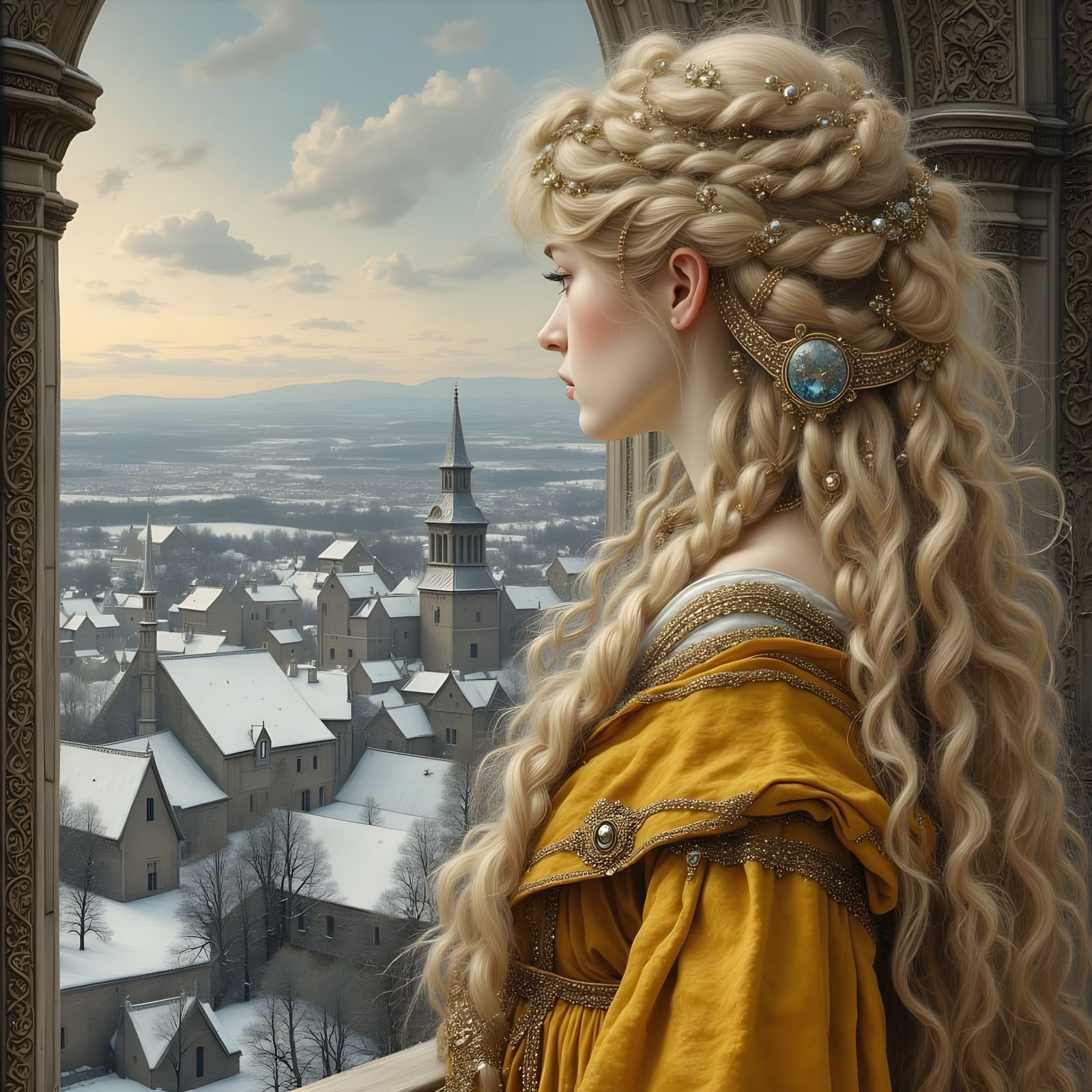 Medieval Beauty Gazing at Snowy Landscape, Pre-Raphaelite Style