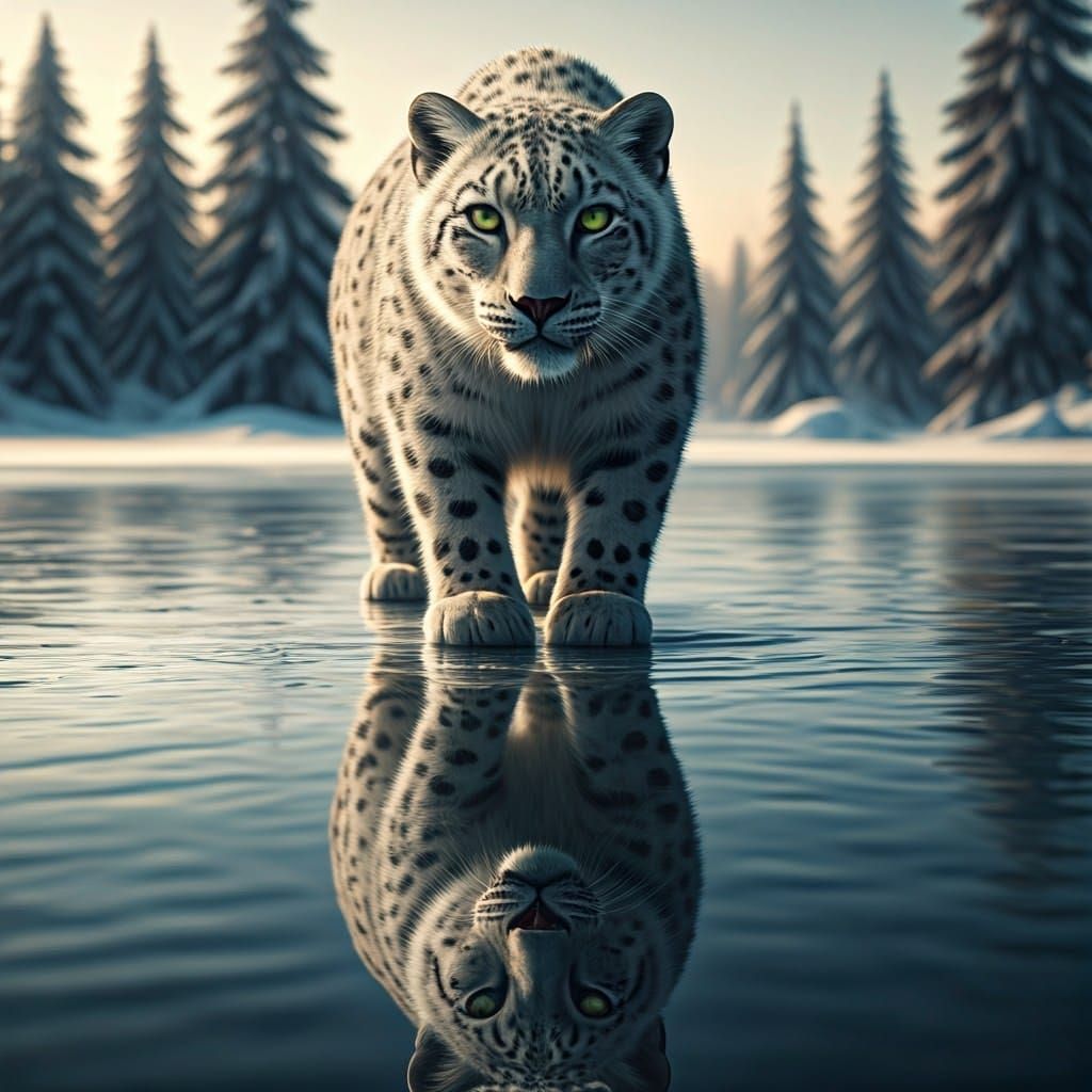 Cat Reflected as a Leopard in Surreal Landscape