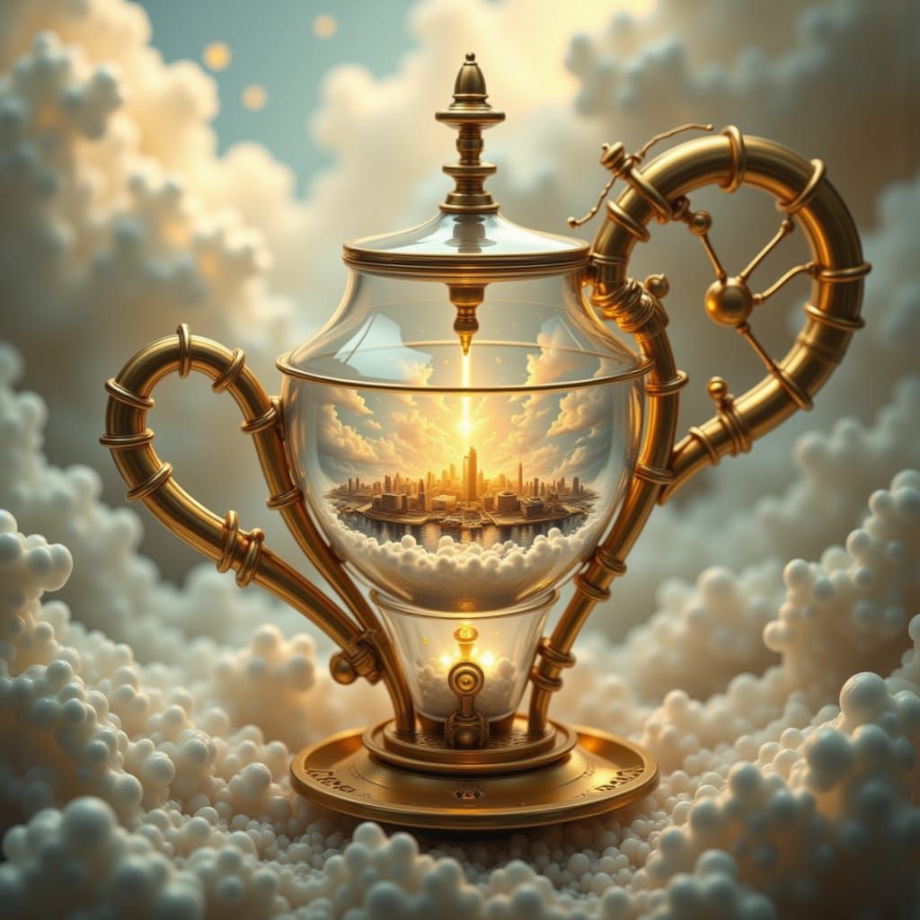 <lora:ThingsInGlassCups:1.0> glass cup surreal heavenly sunshine beams divine bright soft focus holy in the clouds steampunk engine surreali...
