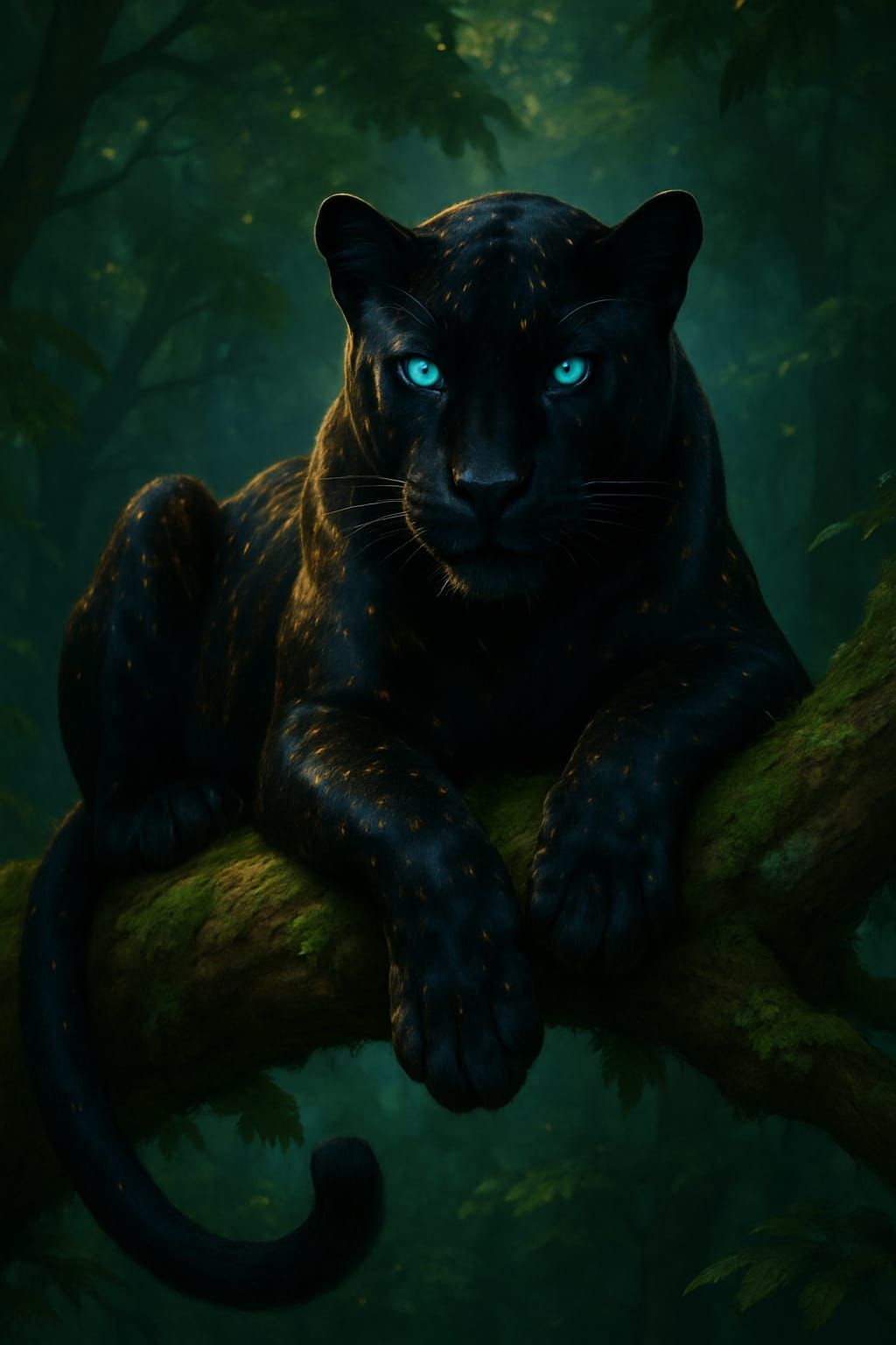 "Watcher of the Emerald Canopy"  Description: Perched high upon a moss-draped branch, the obsidian jaguar rests in still...