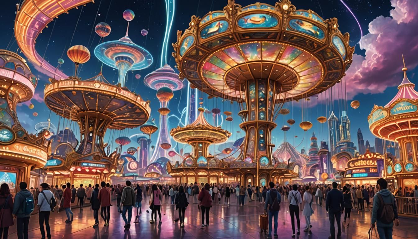 A fantastical theme park set in a futuristic city, where rides take visitors on journeys through time ...  by @I an Thai Women