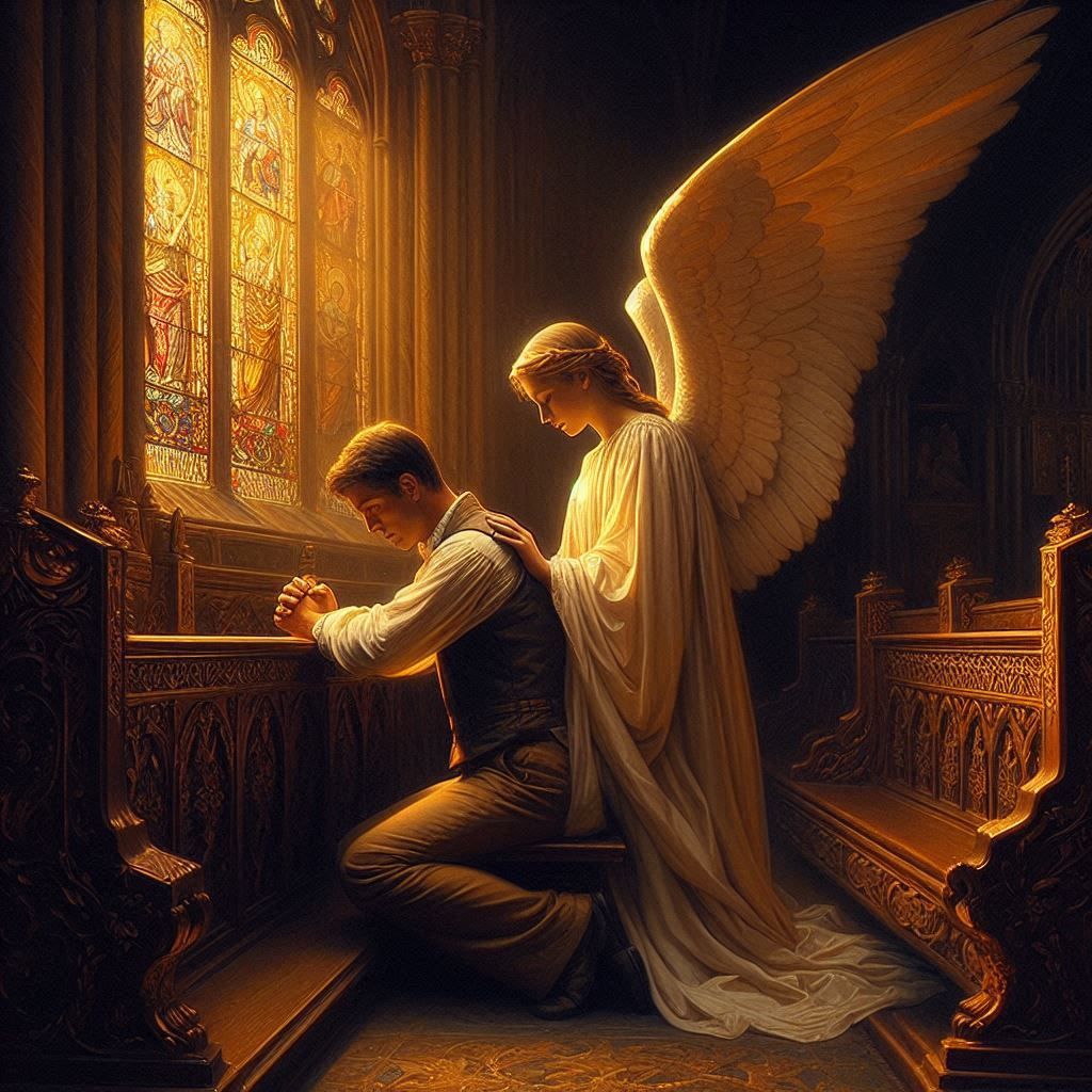 Angel Comforts Man in Prayer