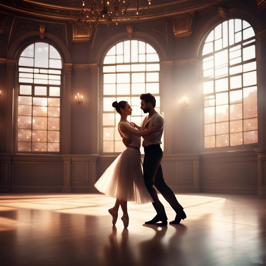 A woman and a man both dancing in an empty ball room with light shining