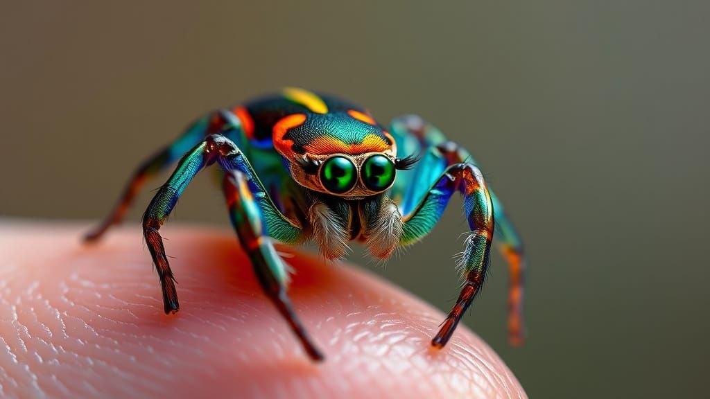This ultra-realistic 4K macro photo captures a stunning peacock spider (Salticidae) in microscopic detail, ...  by @Dawid