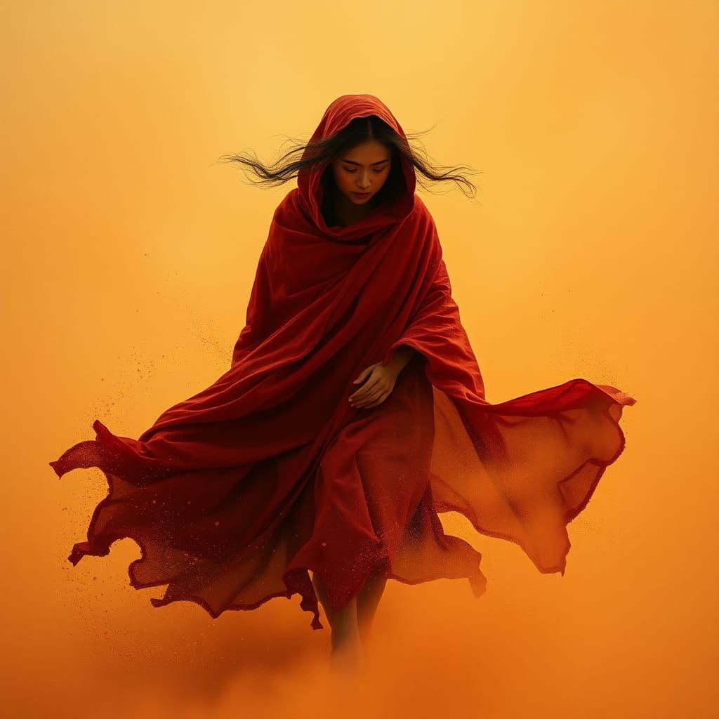 Beautiful Asian woman emerging from a Sandstorm Silhouette Mirage, with swirling particles of sand and ...  by @BulePanda