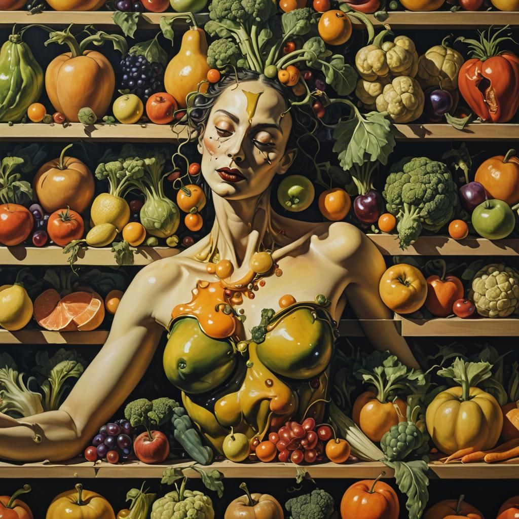 Surreal Woman Merged with Fruits as Oil Painting