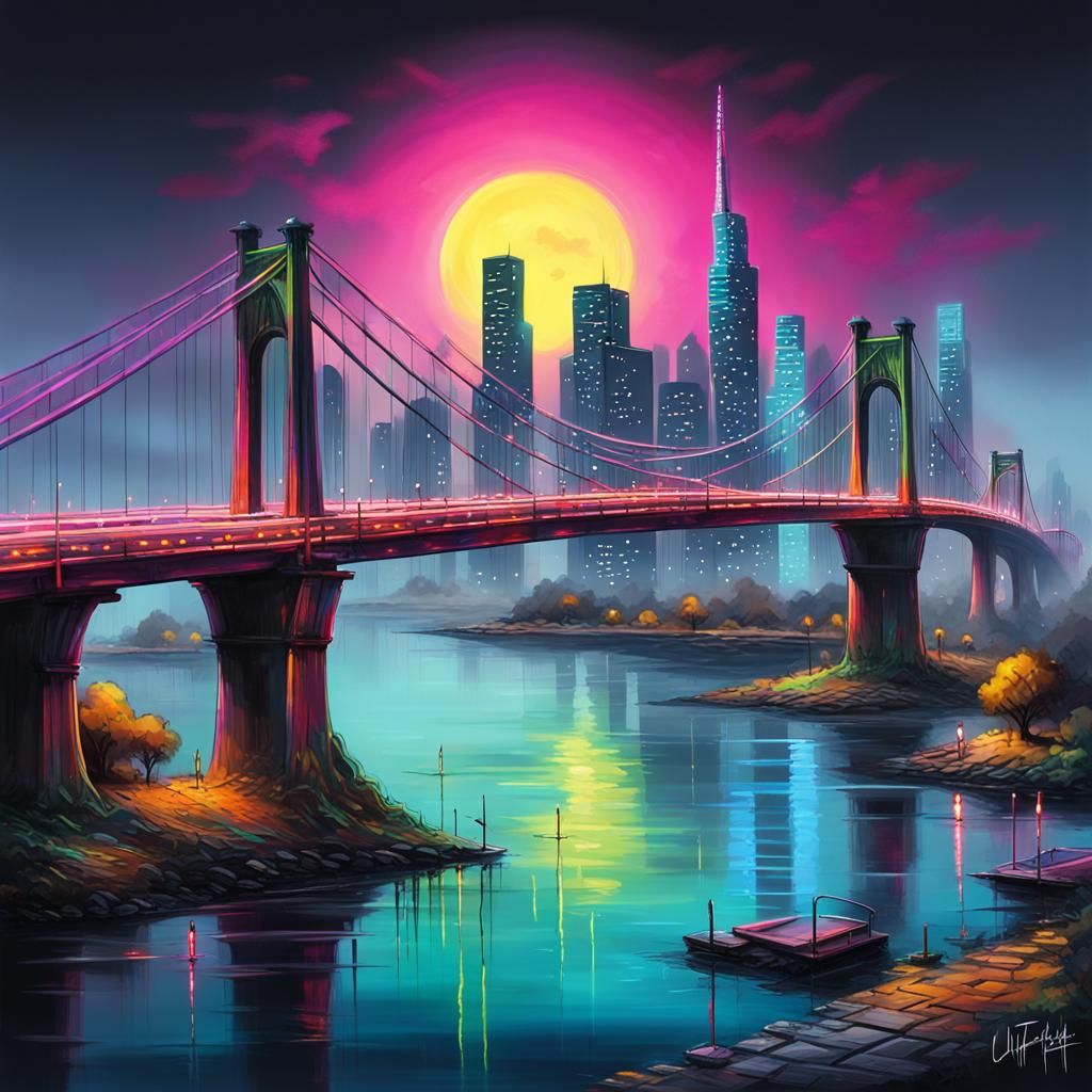 Bridge, skyline, night, neon street lights, tail lights, air...