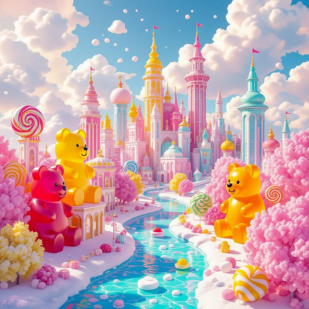 A surreal, dreamlike cityscape constructed entirely from oversized, colorful gummy bears and shimmering hard candy structures. A river of fi...