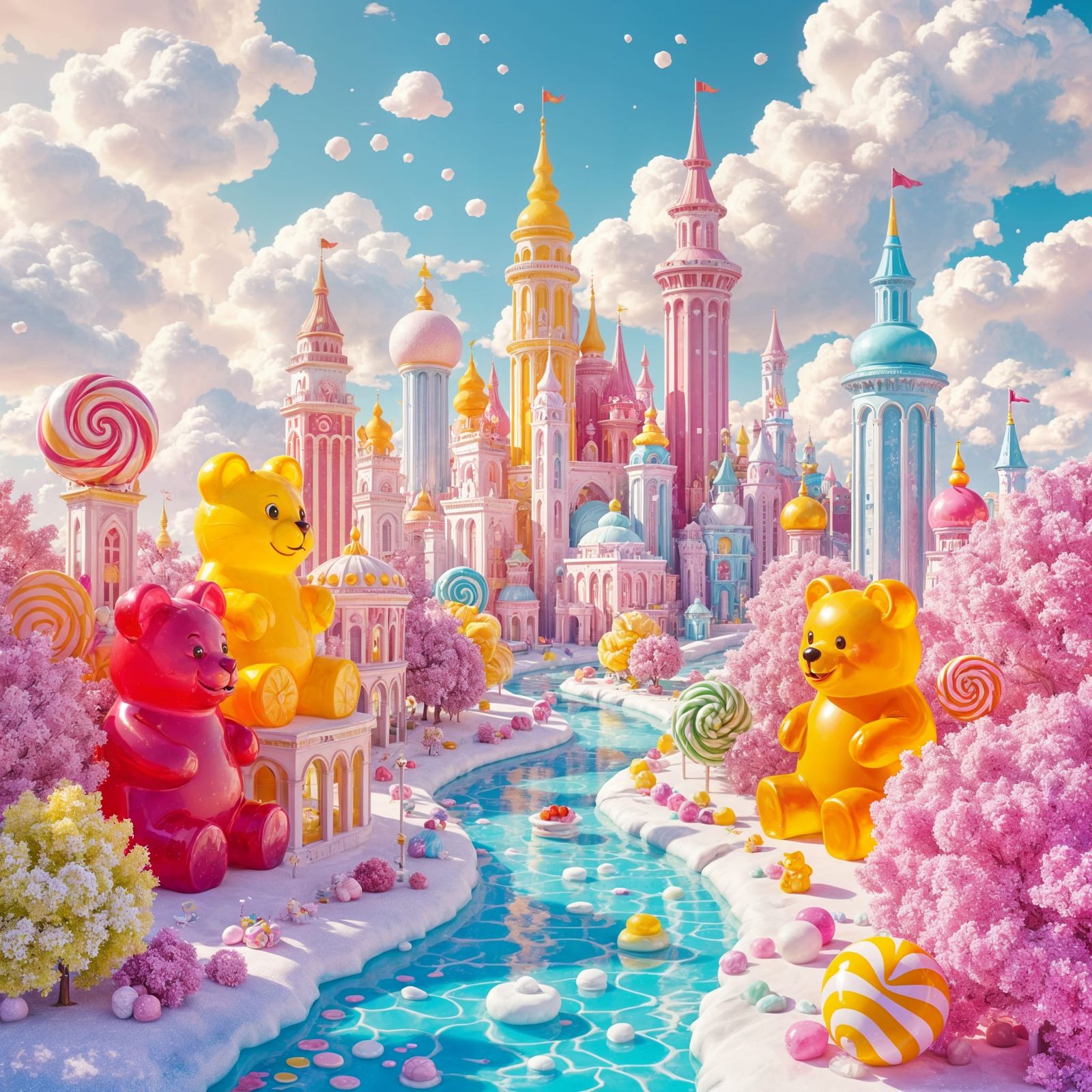A surreal, dreamlike cityscape constructed entirely from oversized, colorful gummy bears and shimmering ...  by @Дарья Бортникова