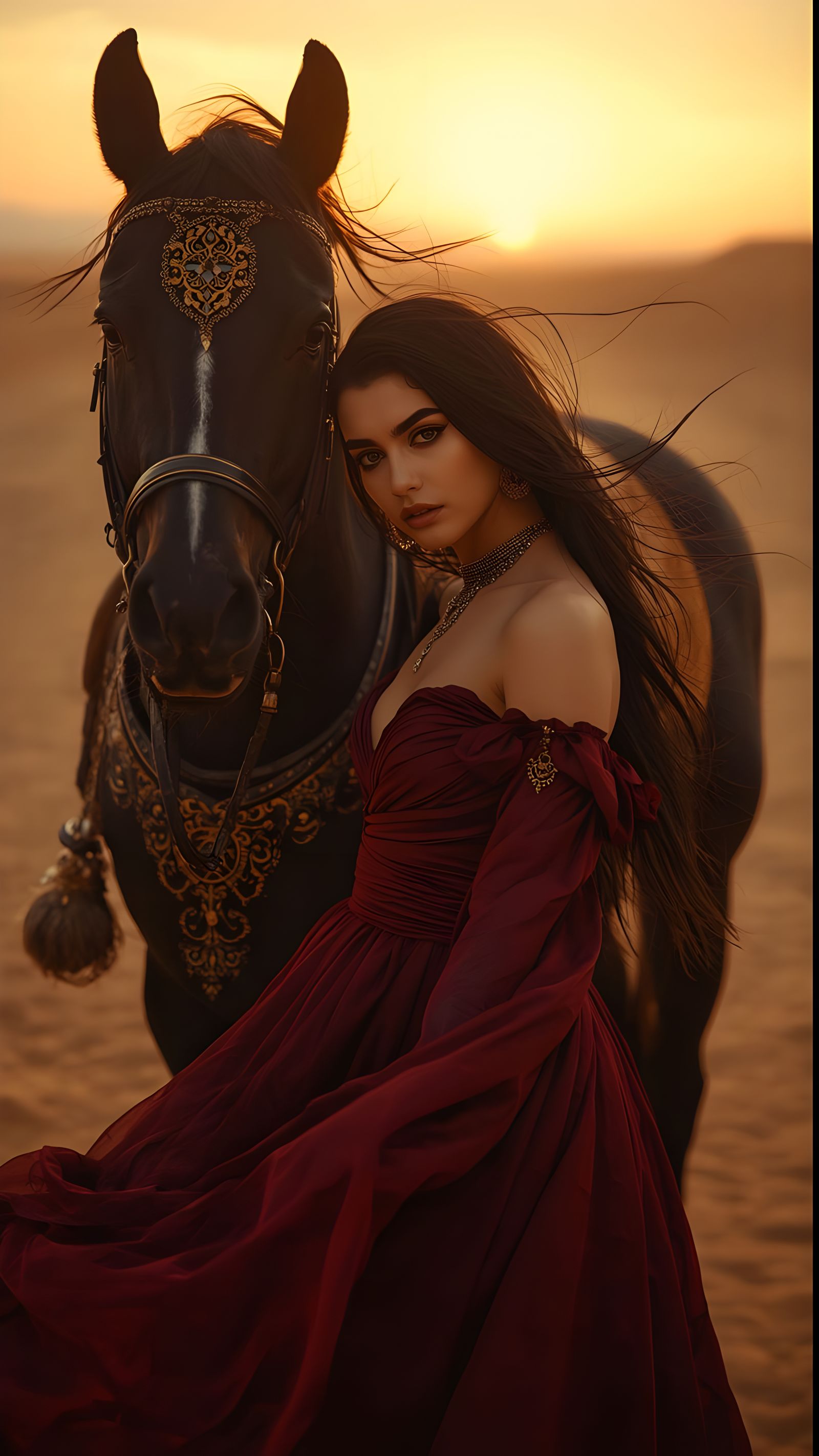 "Twilight Bond: The Crimson Rider and Her Golden Steed"