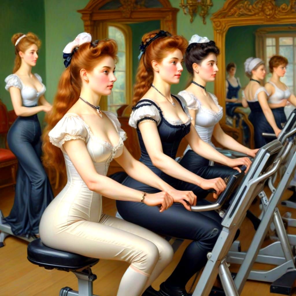 Victorian Ladies Exercising in High-Tech Gym, Impressionist ...