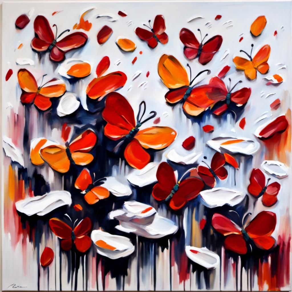 a minimalist painting, flower petals and butterflies