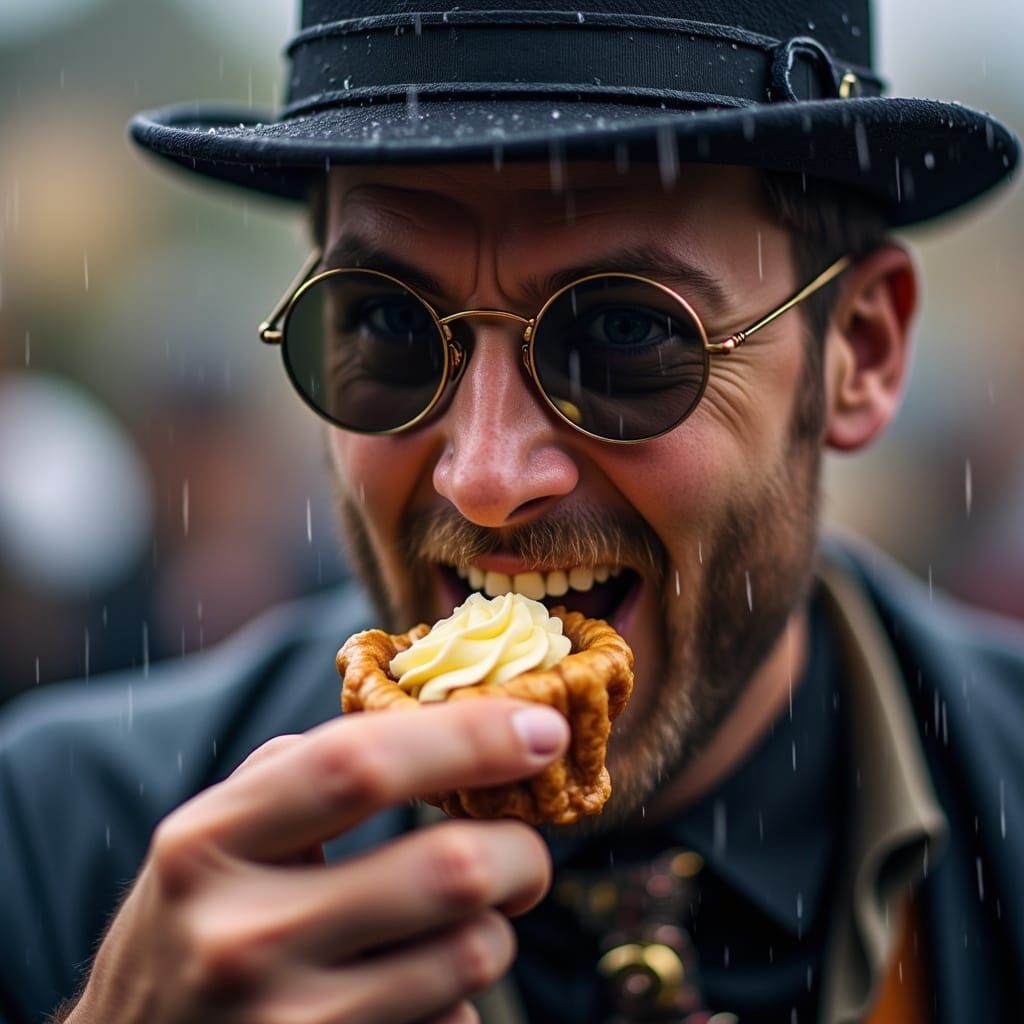 <lora:FreeRain Flux:1.0>  A close-up of a man in a steampunk waistcoat and monocle, raindrops glistening on his face as he takes a bite of...