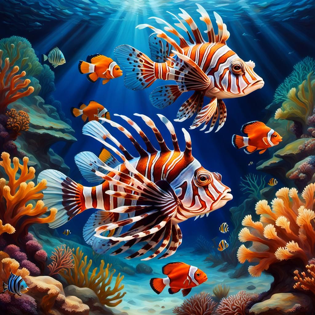 Lionfish and Clownfish in a coral reef  by @axelb